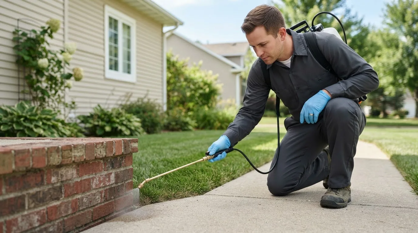Pest control technician treating a home near Aldrich, MN