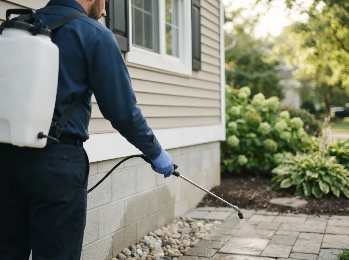 Pest control technician inspecting a home in Aldrich, MN